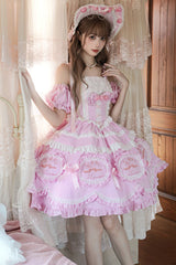 Pink [Butterfly Dream] Multi-Layered Print Ruffle Bowknot Sweet Princess Lolita Jsk Dress - Product - 9