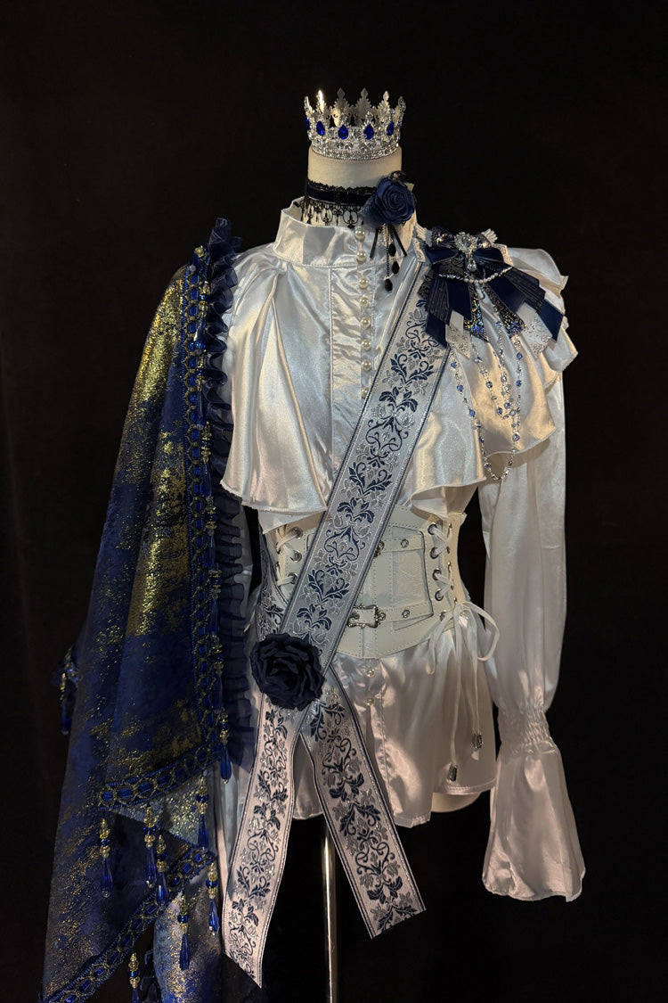 White/Blue [Royal Knight] Stand Collar Long Sleeves Gothic Vintage Cool Lolita Set - Product - 7