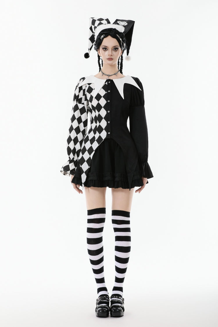 Black/White Harlequin Collar Diamond Pattern Color-Blocked Long Puff Flare Sleeves Women's Gothic Blouse - Product - 6