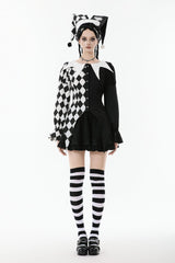 Black/White Harlequin Collar Diamond Pattern Color-Blocked Long Puff Flare Sleeves Women's Gothic Blouse - Product - 6