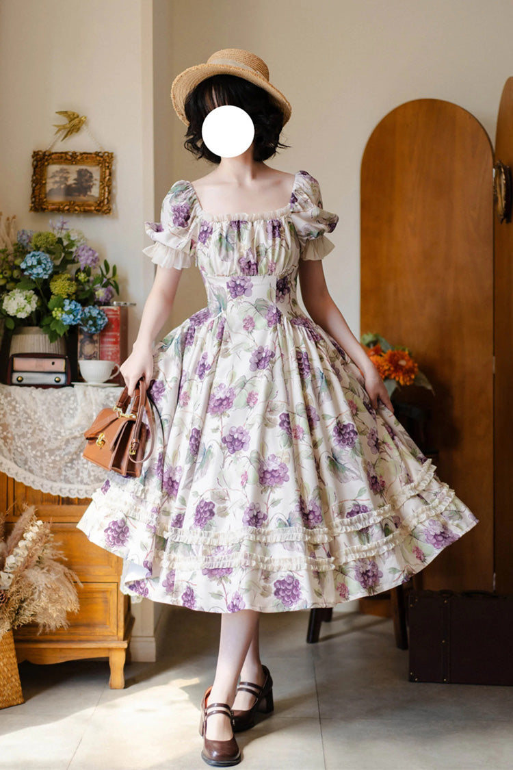 White [Basket of the Forest] Square Collar Short Sleeves Little Grape Printed Ruffled Classic Elegant Lolita Dress - Product - 4
