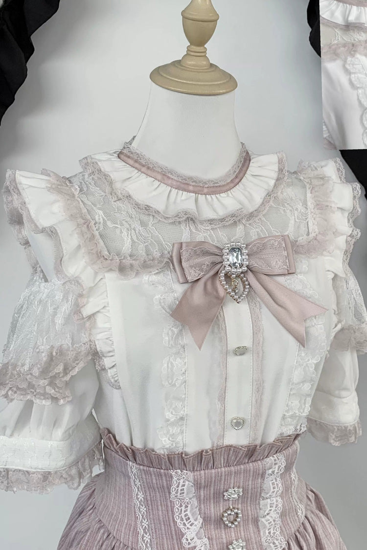 Jirai Kei Sweet Double-Layered Jacquard Ruffled Lace Japanese Skirt Set 2 Colors - White/Pink(Top-Only) - 13