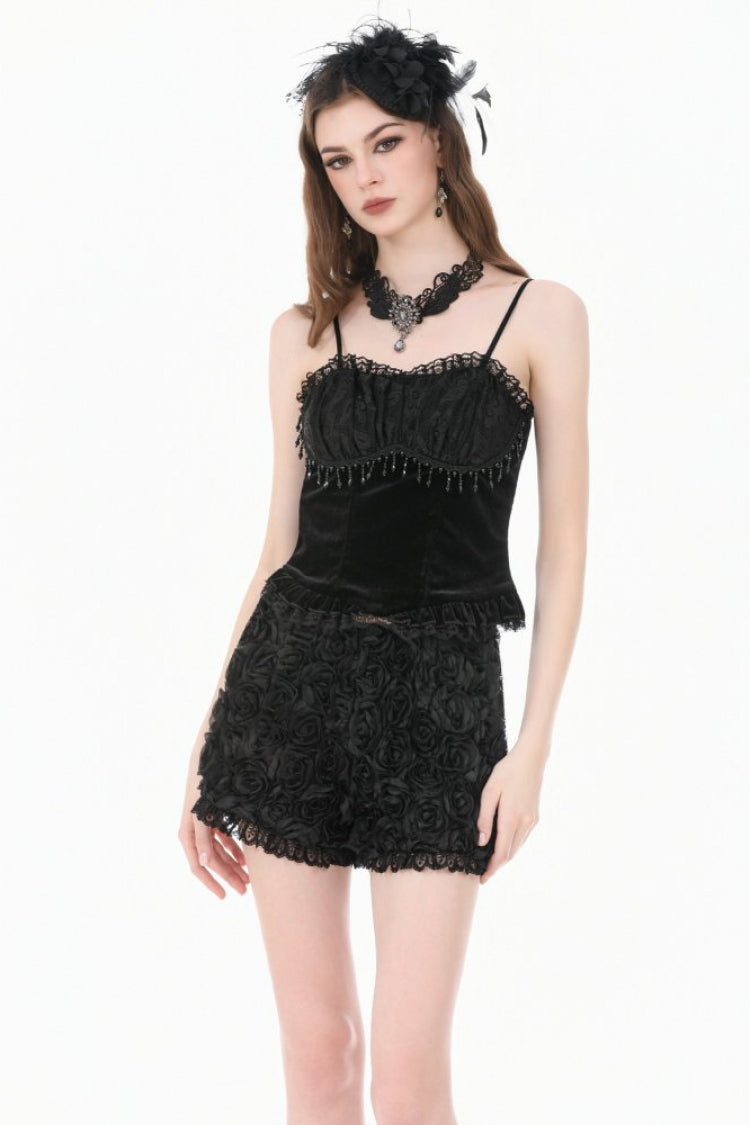 Black 3D Floral Jacquard Lace-Trimmed Women's Gothic Mini Shorts - Product - 6