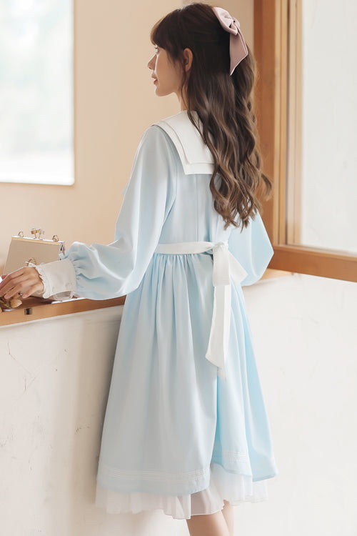 Lapel Collar Lantern Sleeves High Waisted With Bow Sweet Lolita OP Dress - Product - 7