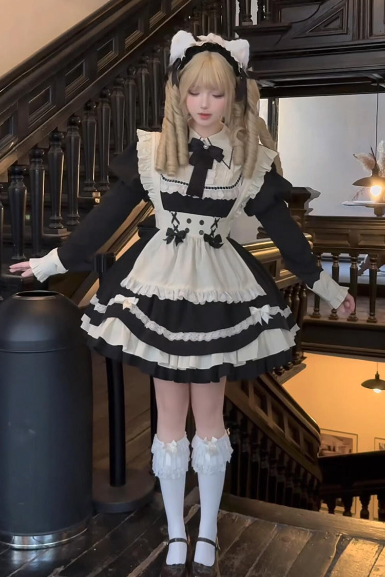 Black/White Short Sleeves Triple-Layered Ruffle Bowknot Lace Sweet Plus Size Maid Lolita Dress Set - Product - 4