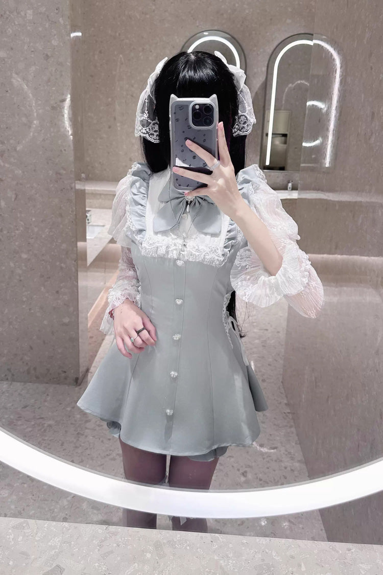 [Feather Ode] Jirai Kei Stand Collar Long Sleeves Ruffled Bow Lace Sweet Japanese Dress Shorts Set 2 Colors - Product - 8