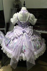 Purple [Wisteria Garden] Square Collar Triple-Layered Printed Ruffled Bow Lace Sweet Lolita Dress Set - Product - 9
