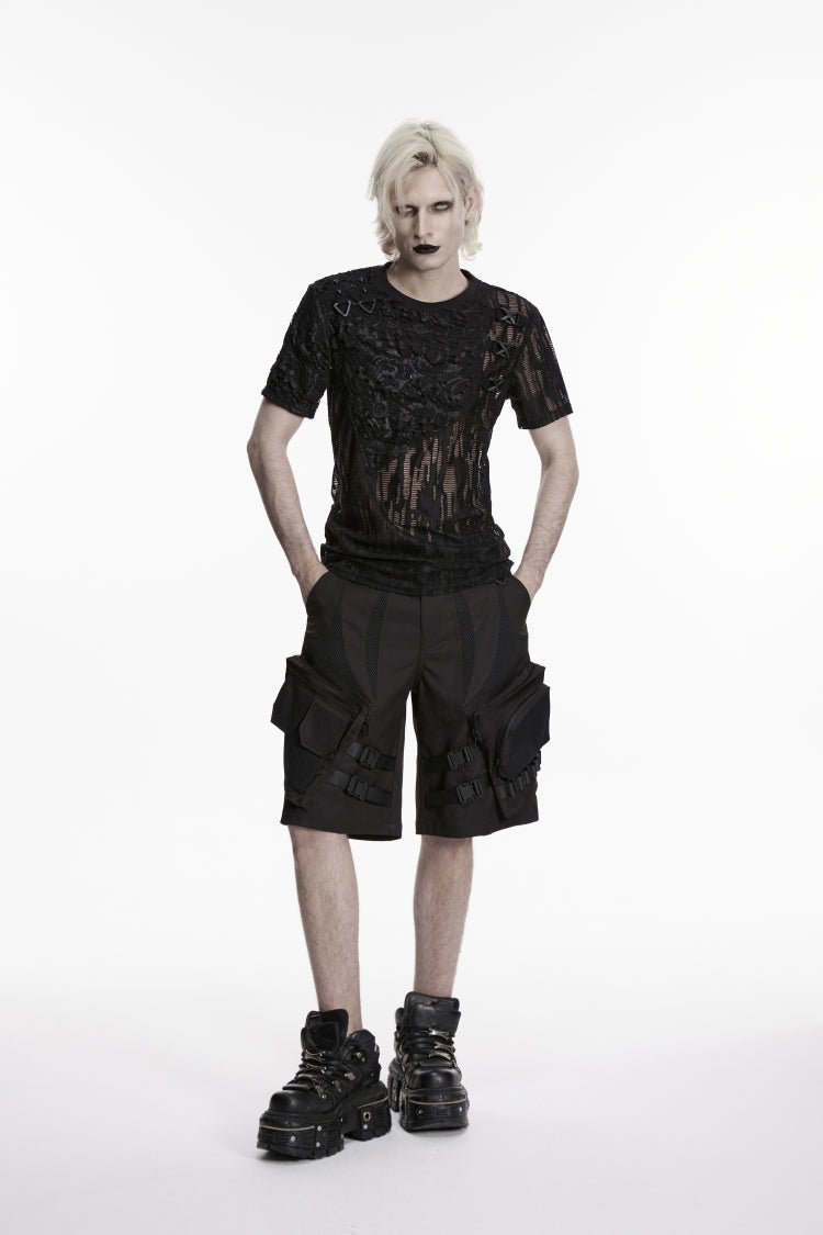 Black Buckled Men's Punk Cool Shorts with Big Pockets - Black - 1