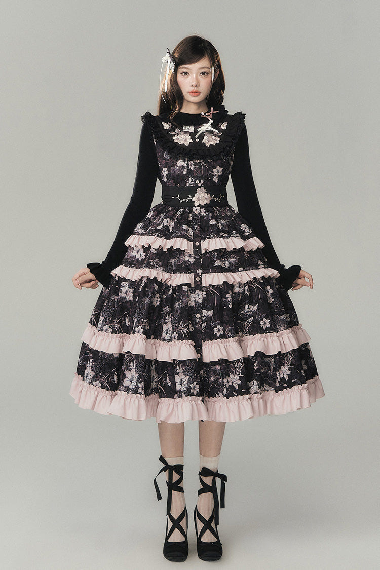 Black [Sacred Heart Lily] Round Collar Sleeveless Multi-Layered Printed Ruffled Embroidered Sweet Chinese Inspired Lolita Jumper Dress - Product - 2