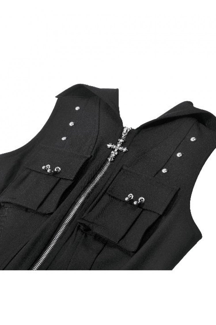 Black Sleeveless Studded Zippered Women's Punk Hooded Vest - Product - 12