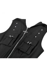 Black Sleeveless Studded Zippered Women's Punk Hooded Vest - Product - 12