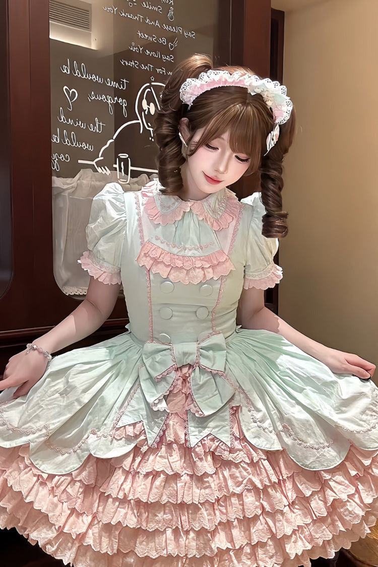 Pink/Green [Honeydew Melon Parfait] Short Sleeves Multi-Layered Ruffle Bowknot Sweet Lolita Dress - Product - 9