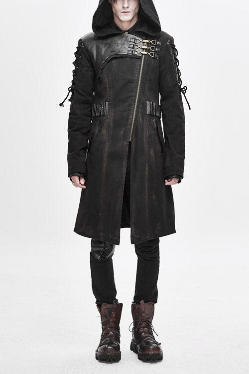 Brown Hooded Denim Tattered Long Mens Punk Coat - Brown - 1