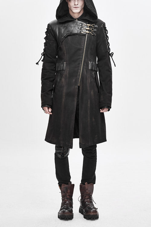 Brown Hooded Denim Tattered Long Mens Punk Coat - Brown - 1