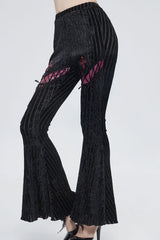 Black Gothic Striped Flocking V-Shaped Cross Lace Stitching Flared Women's Pants - Product - 2