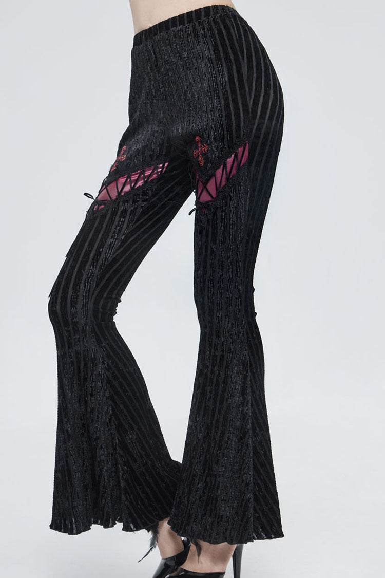 Black Gothic Striped Flocking V-Shaped Cross Lace Stitching Flared Women's Pants - Product - 2
