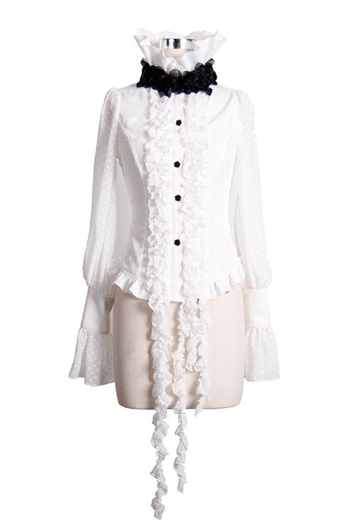 White Lace Up Chiffon Ruffled Dovetail Womens Gothic Blouse - Product - 5