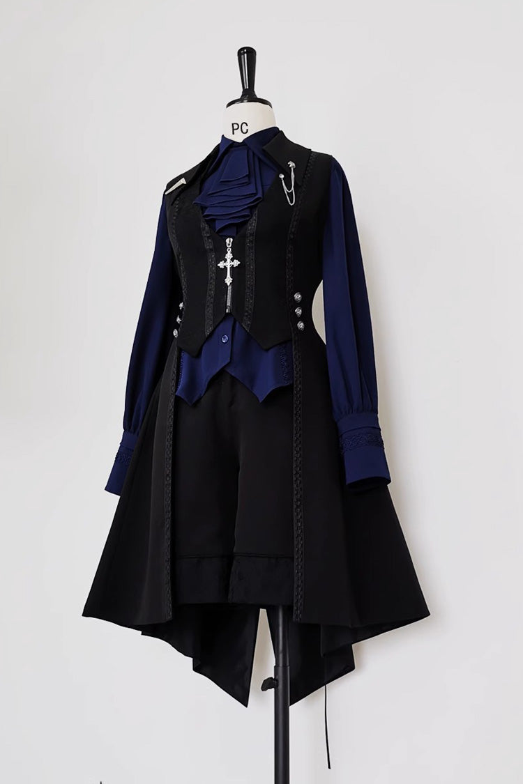 Black/Blue Vintage Medieval Little Prince Ouji Lolita Swallowtail Long Vest - Product - 2