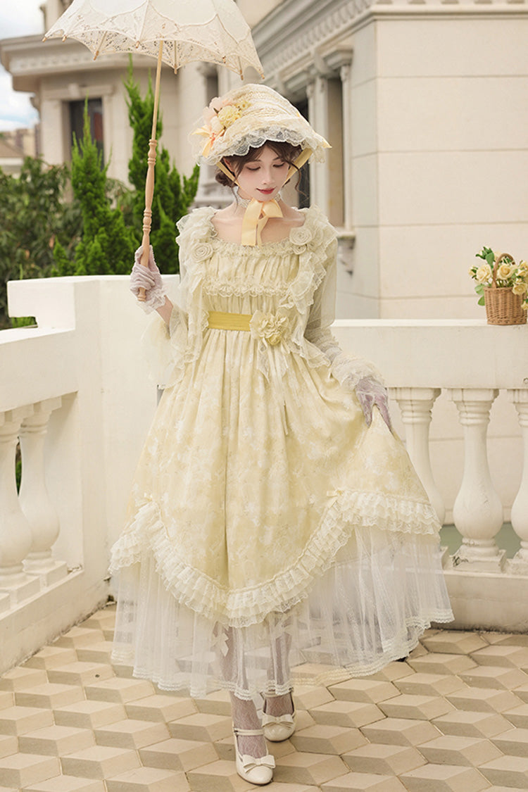 Yellow [Falling Flowers as a Message] Square Collar Short Sleeves Print Ruffle Lace Sweet Elegant Lolita Long Dress - Product - 4