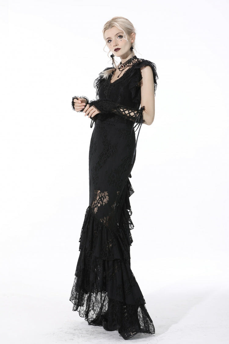 Black Women's Gothic Multi-Layered Lace Lace-Up Mermaid Maxi Skirt - Product - 2