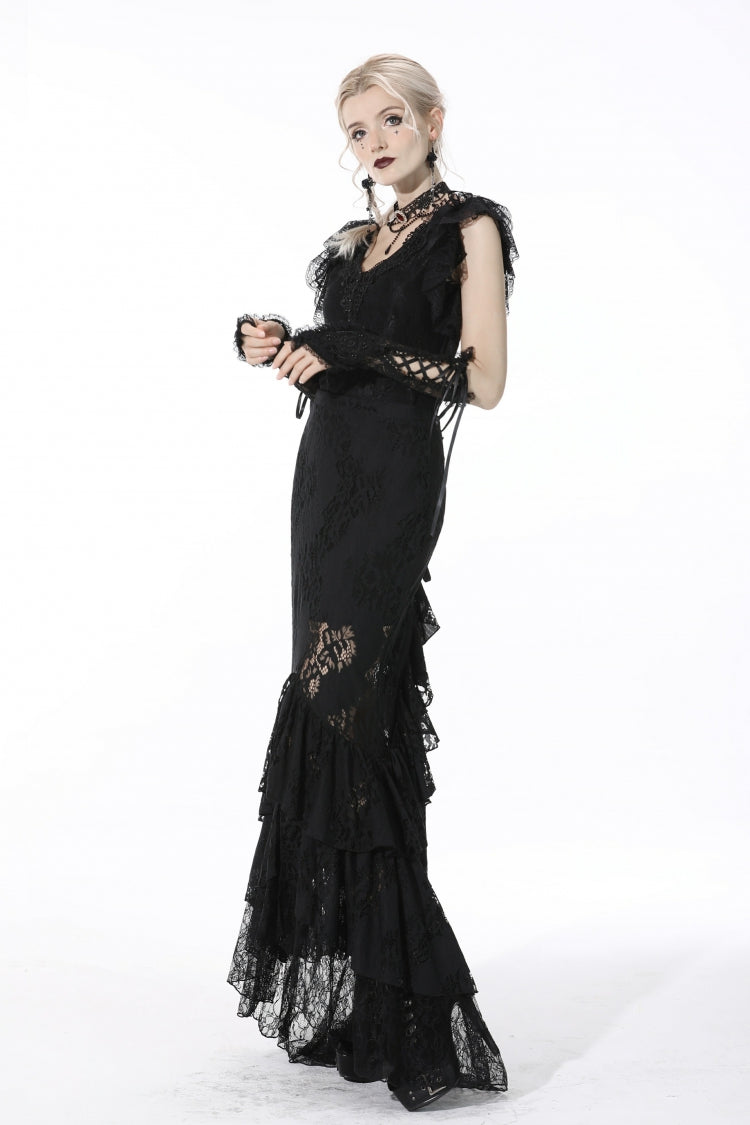 Black Women's Gothic Multi-Layered Lace Lace-Up Mermaid Maxi Skirt - Product - 2