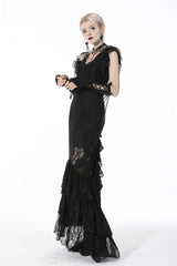 Black Women's Gothic Multi-Layered Lace Lace-Up Mermaid Maxi Skirt - Product - 2