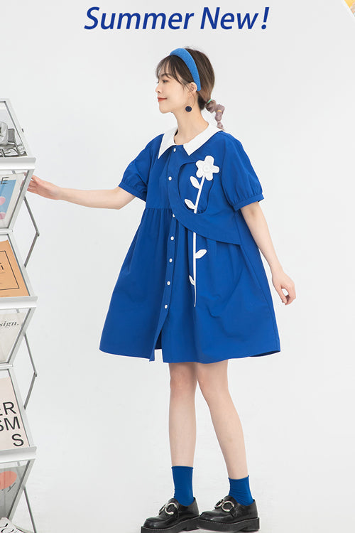 Blue Lapel Collar Short Sleeve High Waist Single Breasted Sweet Lolita Dress - Product - 2