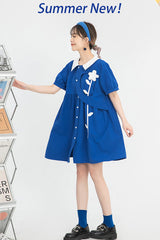 Blue Lapel Collar Short Sleeve High Waist Single Breasted Sweet Lolita Dress - Product - 2