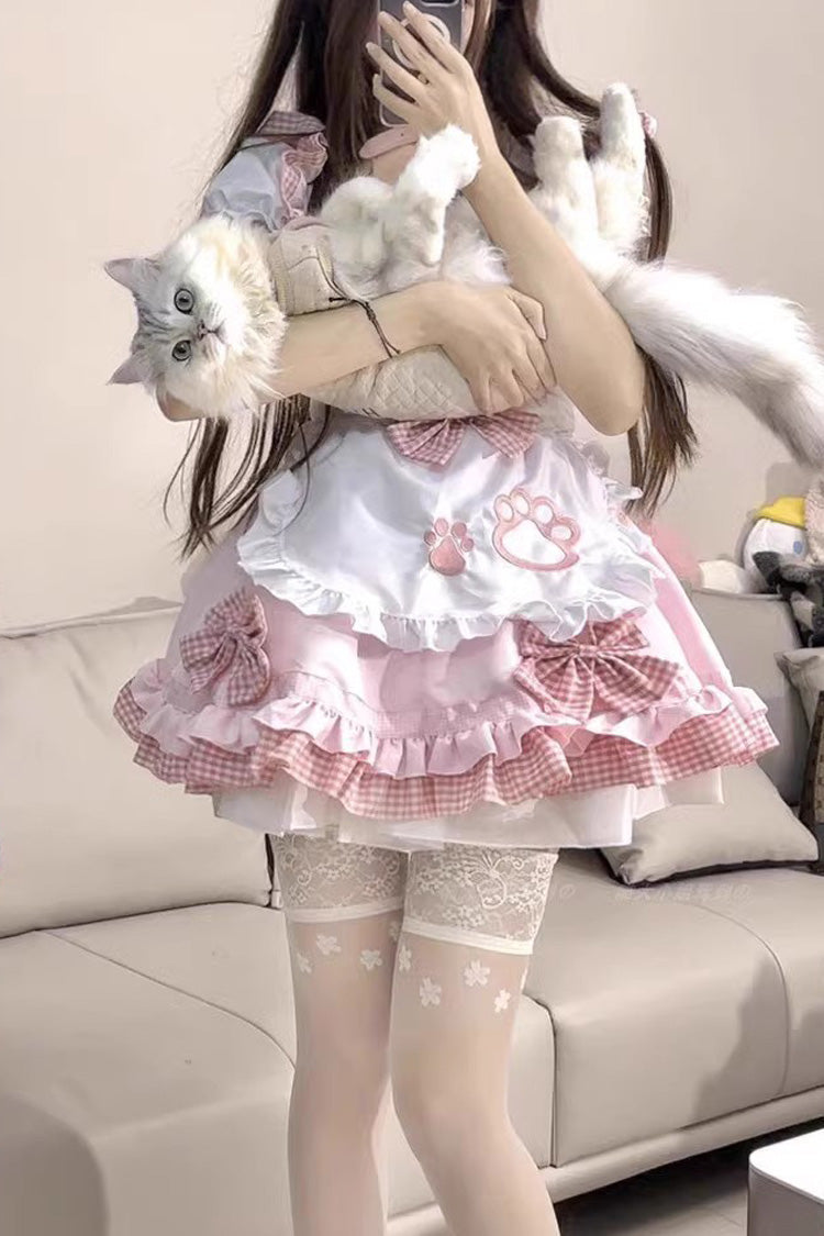 Pink/White Plus Size Short Sleeves Cat Paw Print Sweet Lolita Maid Dress - Product - 3
