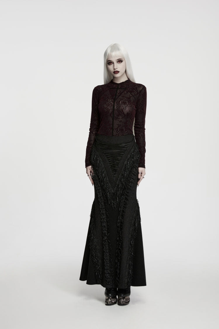 Red High Collar Long Sleeves Rose Jacquard Lace Slim Fit Women's Gothic Luxurious Top - Product - 4