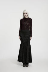 Red High Collar Long Sleeves Rose Jacquard Lace Slim Fit Women's Gothic Luxurious Top - Product - 4