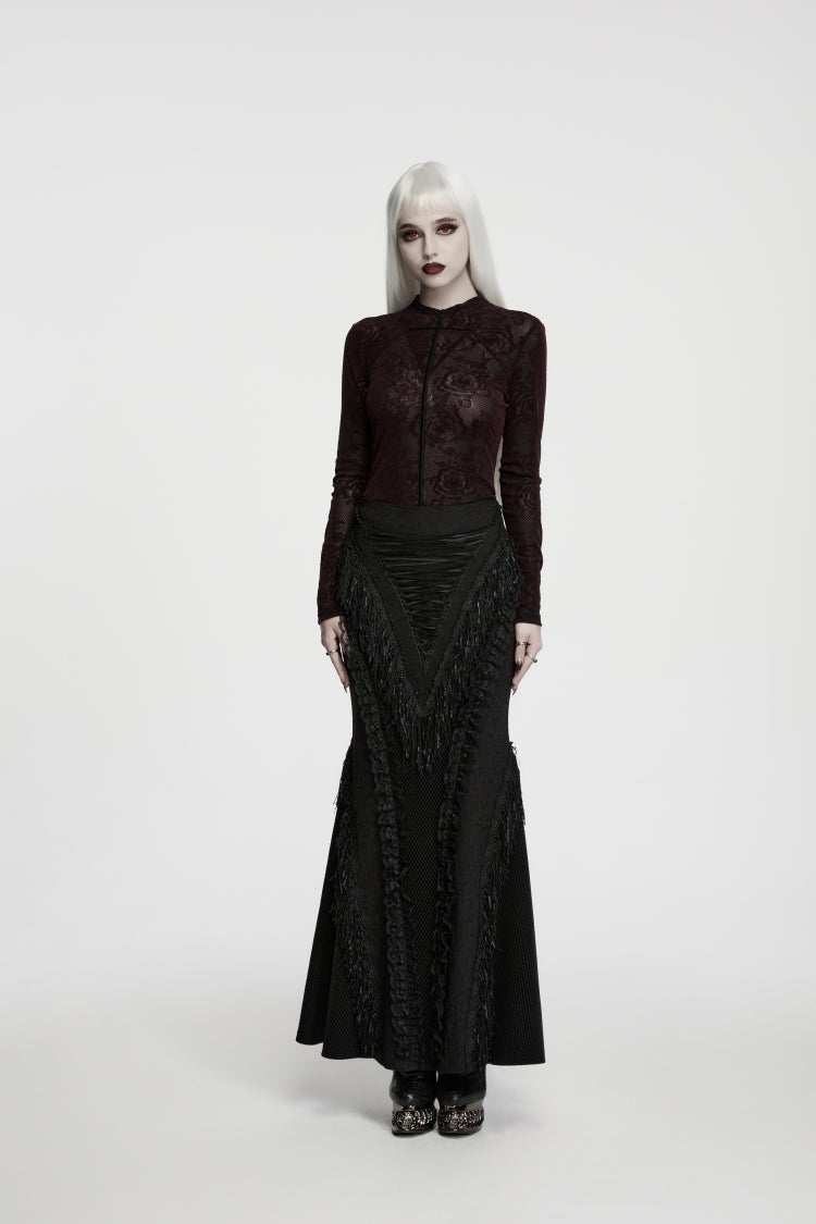 Red High Collar Long Sleeves Rose Jacquard Lace Slim Fit Women's Gothic Luxurious Top - Product - 4
