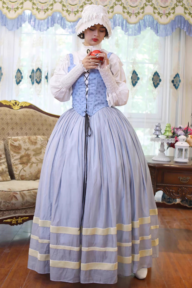 Light Blue [Bashu Girl] Long Puff Sleeves Print Lace-Up Fishbone Corset Sweet Lolita Skirt Dress Three-Piece Set - Product - 5