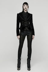 Black Lapel Collar Long Sleeves Lace-Up Zipper Women's Punk Coat - Product - 4