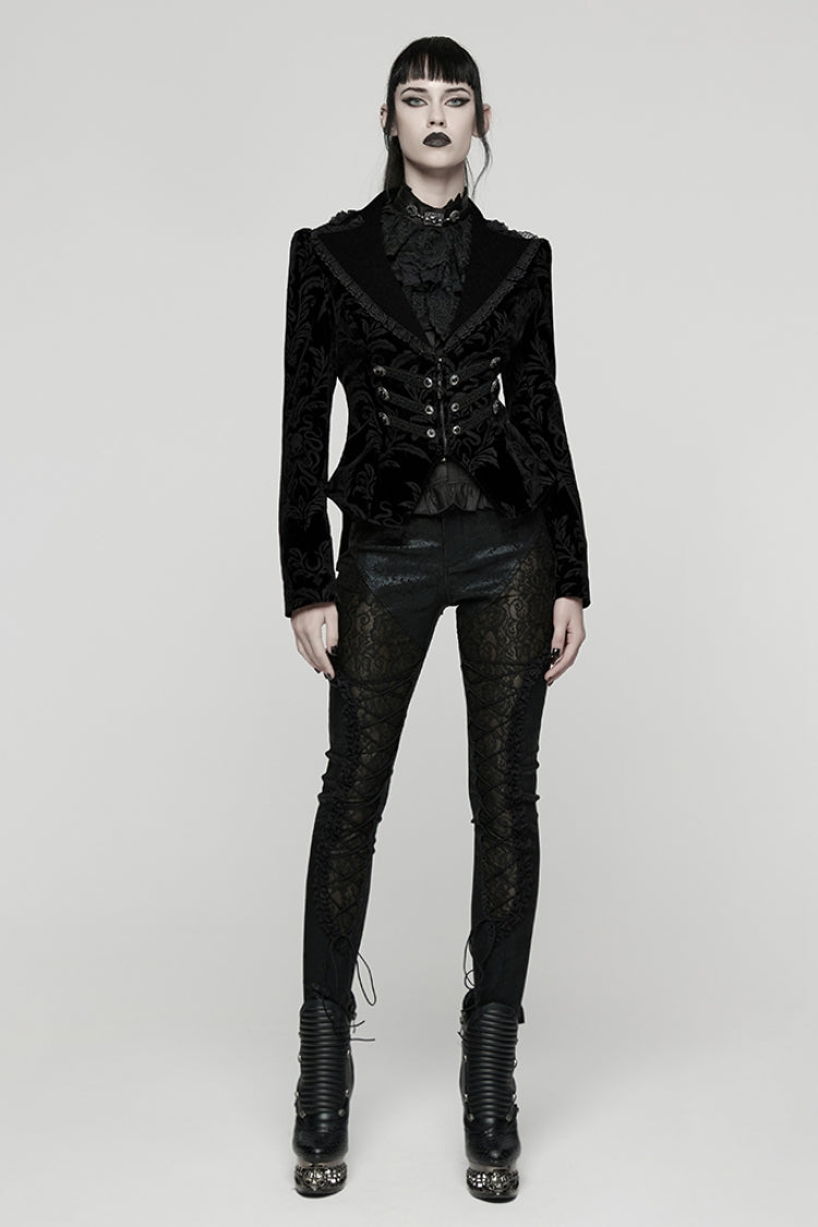 Black Lapel Collar Long Sleeves Lace-Up Zipper Women's Punk Coat - Product - 4