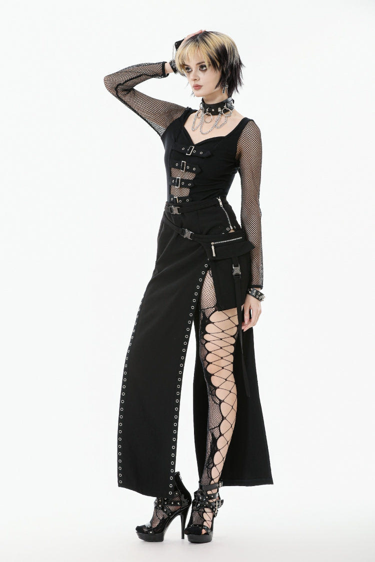 Black Strap Buckled Women's Punk Eyelet High-Slit Midi Skirt with Detachable Pocket - Product - 7