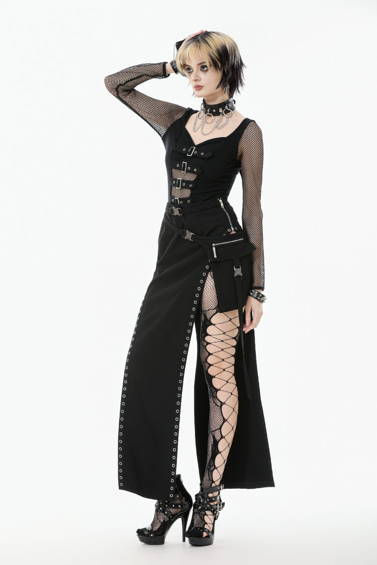 Black Strap Buckled Women's Punk Eyelet High-Slit Midi Skirt with Detachable Pocket - Product - 7