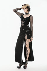 Black Strap Buckled Women's Punk Eyelet High-Slit Midi Skirt with Detachable Pocket - Product - 7