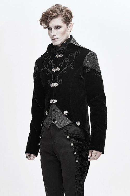 Black Vintage Fake Two Pieces Embroidered Velvet Gothic Mens Coat - Product - 2