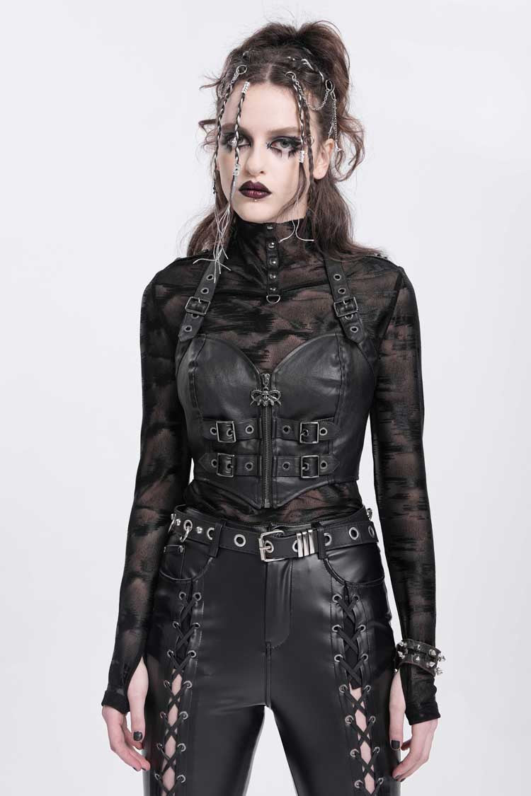 Black Halterneck Buckle Women's Punk Overbust Corset - Black - 1