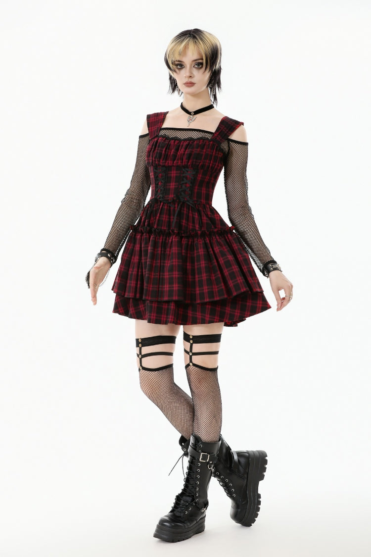 Red/Black Sleeveless Layered Plaid Ruched Women's Cake Dress Graduation Dress - Product - 6