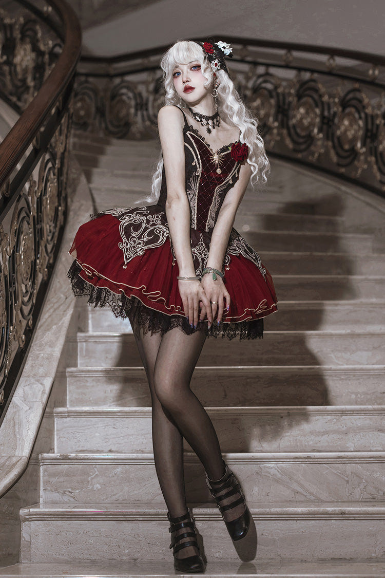 Black/Red [Blood Clan Feast] Ruffle Embroidery Lace Gothic Lolita Jsk Dress Set - Product - 5