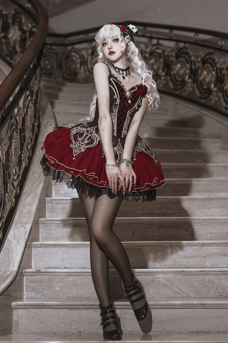 Black/Red [Blood Clan Feast] Ruffle Embroidery Lace Gothic Lolita Jsk Dress Set - Product - 5