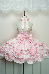Pink [Sweetheart Petals] Halterneck Sleeveless Multi-Layered Jacquard Ruffled Bow Pearl Detail Sweet Lolita Jsk Dress - Product - 2