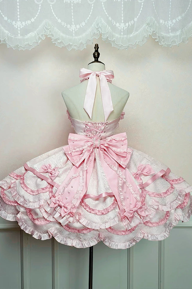 Pink [Sweetheart Petals] Halterneck Sleeveless Multi-Layered Jacquard Ruffled Bow Pearl Detail Sweet Lolita Jsk Dress - Product - 2