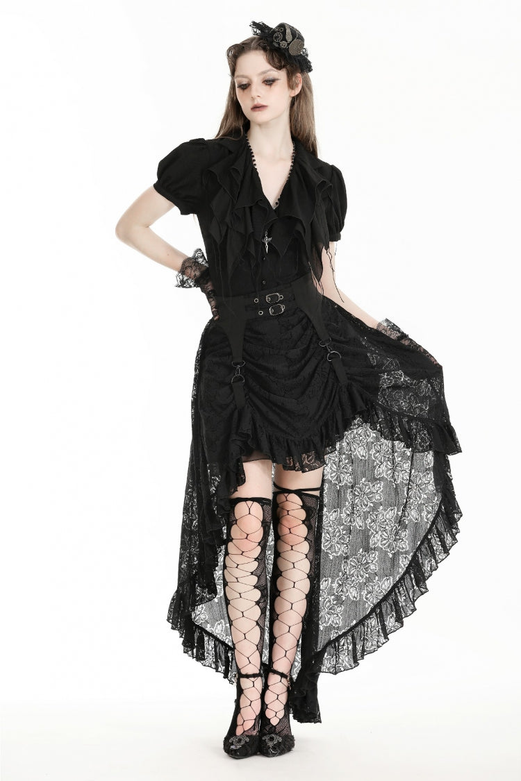 Black Women's Gothic Princess High Waisted Lace Lace-Up Buckled High/Low Tail Hem Maxi Skirt - Product - 5