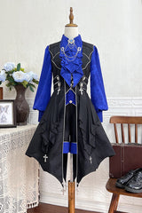 Black/Blue Courtly Knight-Style Long Sleeves Ruffle Embroidery Prince Ouji Lolita Set - Black/Blue - 1