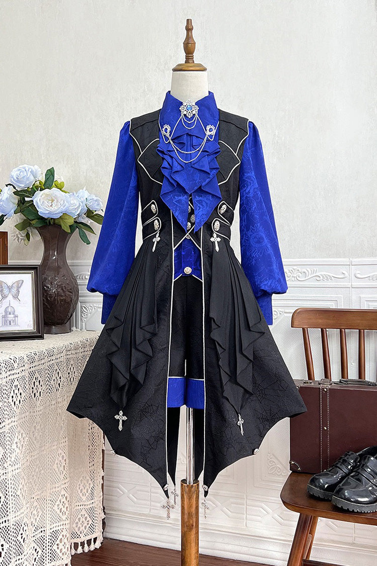 Black/Blue Courtly Knight-Style Long Sleeves Ruffle Embroidery Prince Ouji Lolita Set - Black/Blue - 1
