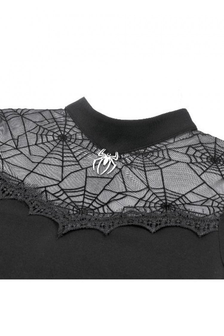 Black Short Sleeves Cut-Out Spider Cobweb Sheer Mesh Women's Gothic Top - Product - 13
