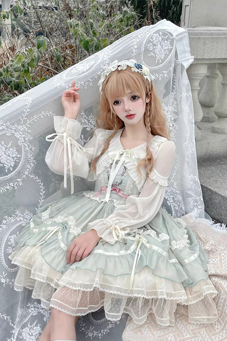 Green Floating Light Dance Multi-layer Ruffle Embroidery Bowknot Lace Sweet Lolita Jsk Dress - Product - 6